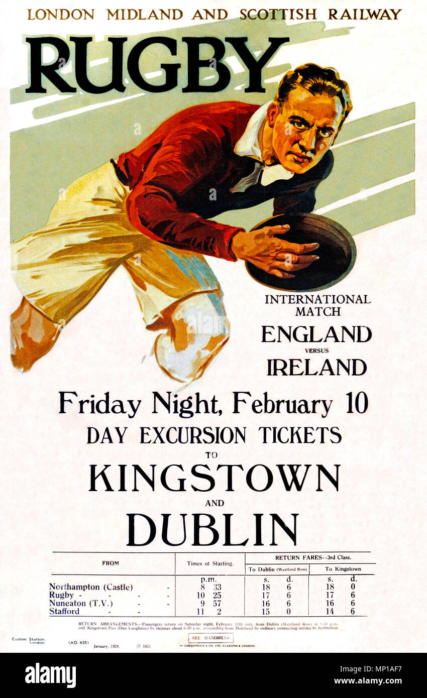 Rugby, Railway Poster, 1928 for the trip from the Midlands to Dublin to watch the Ireland v England international match Stock Photo