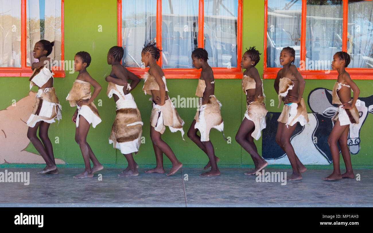 Grootberg Primary School Namibia. Children dancing in native costumes Stock Photo