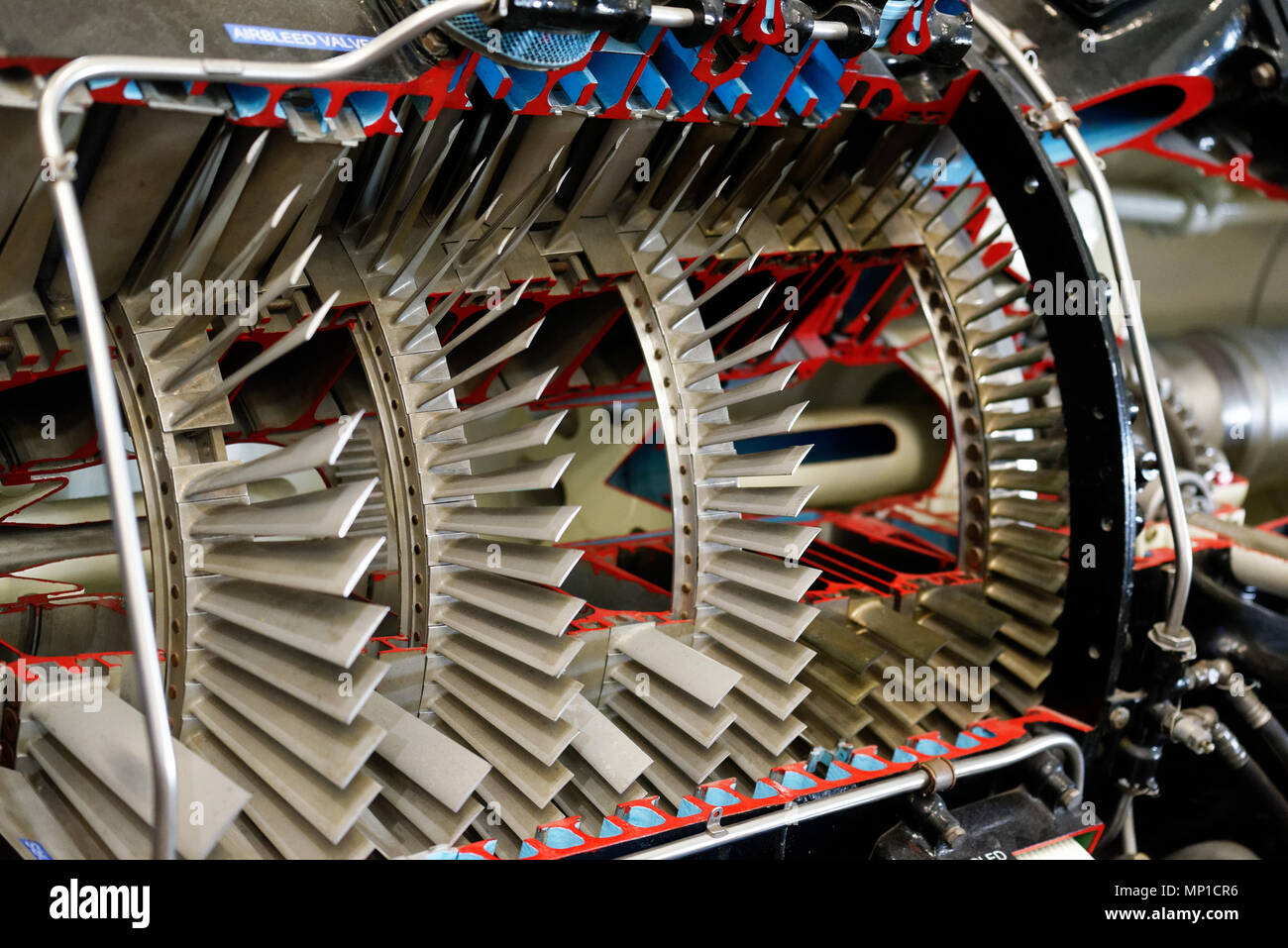 A cutaway model of a jet engine showing the turbine blades Stock Photo