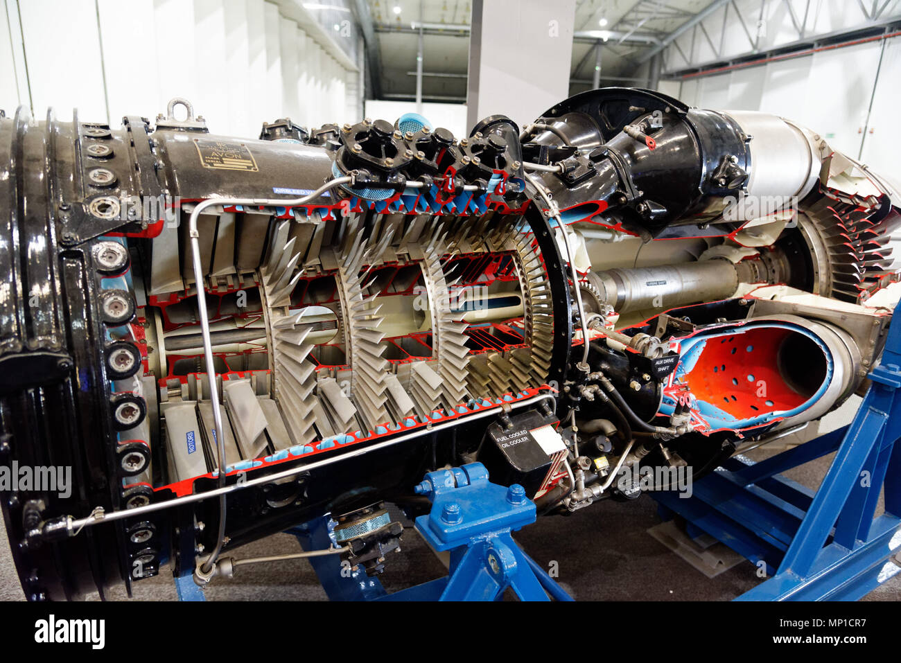 A cutaway model of a jet engine showing the turbine blades Stock Photo