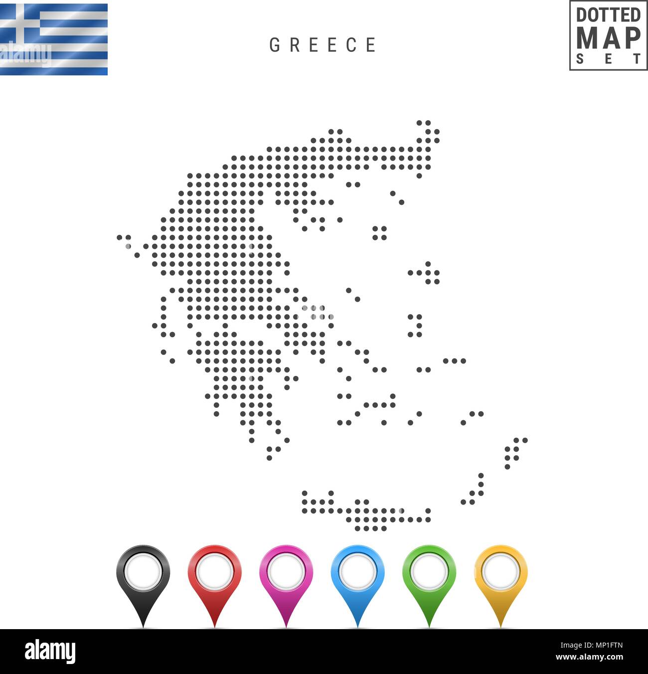 Vector Dotted Map of Greece. Simple Silhouette of Greece. The National Flag of Greece. Set of Multicolored Map Markers Stock Vector