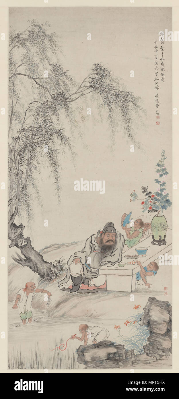(Artist) Fei Danxu; China; 1832; Ink and color on paper; H x W (image): 124.7 x 56.5 cm (49 1/8 x 22 1/4 in); Transfer from the United States Customs Service, Department of the Treasury   Zhong Kui and his Assistants Under Willows   1832.   1283 Zhong Kui and his Assistants Under Willows Stock Photo