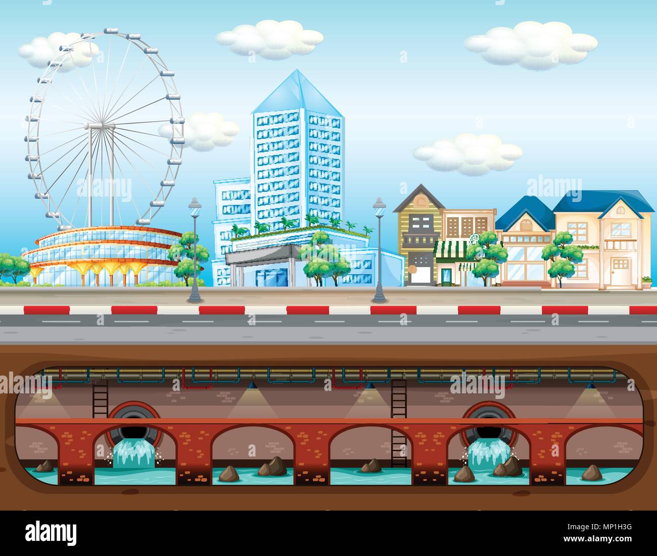 Sewer System in Big City illustration Stock Vector