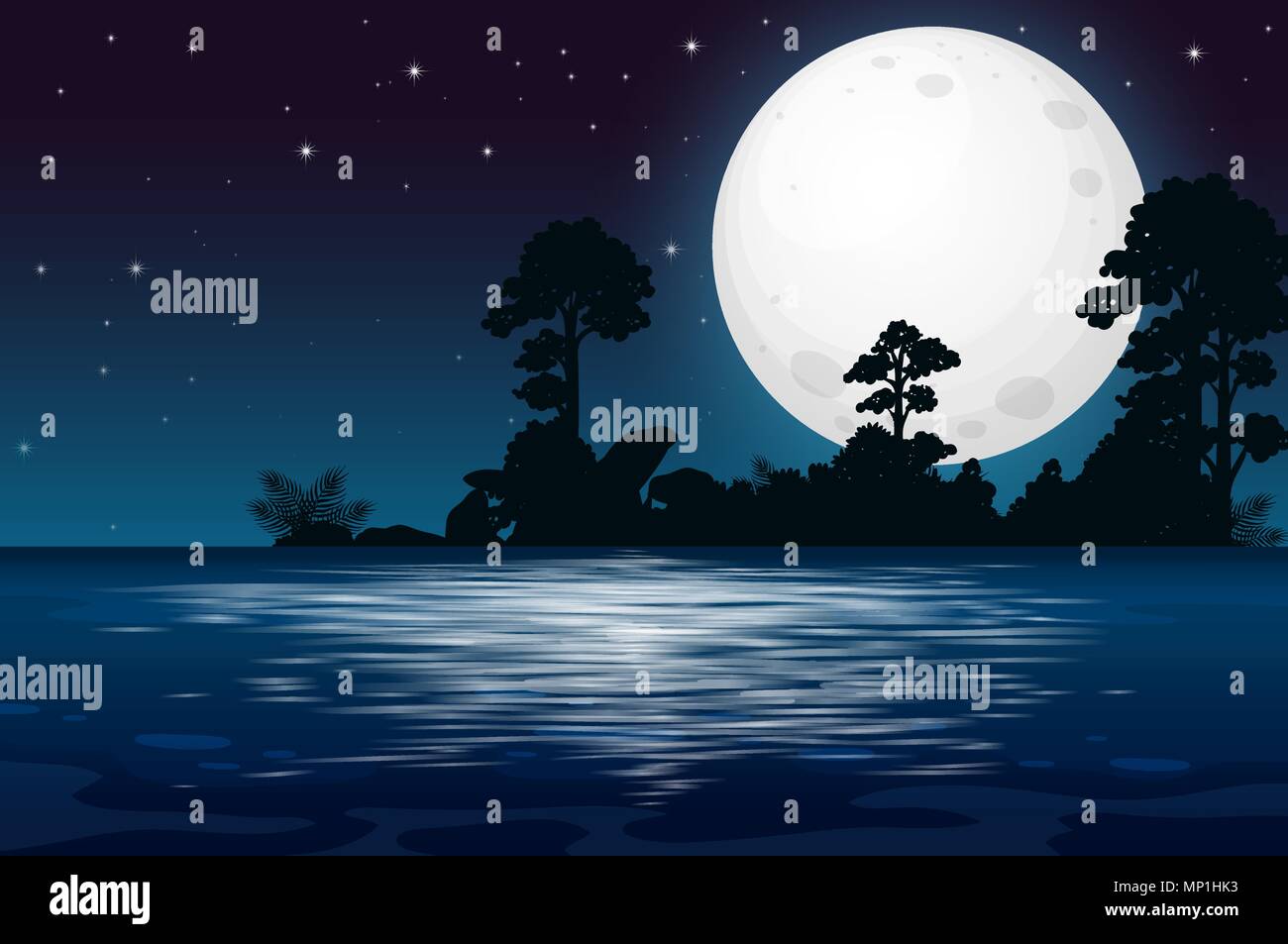 A Full Moon Night at the Lake illustration Stock Vector Image & Art - Alamy