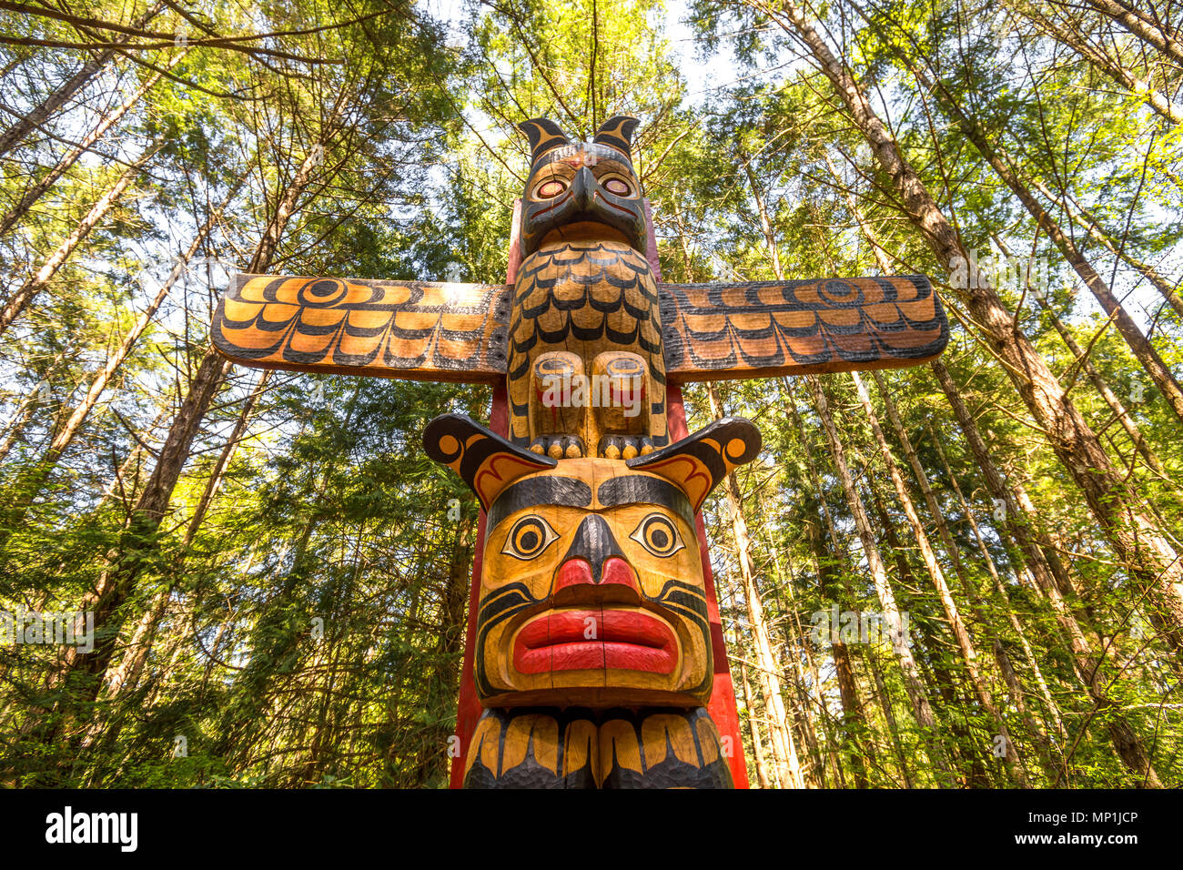 Native Canadian totem, Helliwell Provincial Park, Hornby Island, BC, Canada. Stock Photo