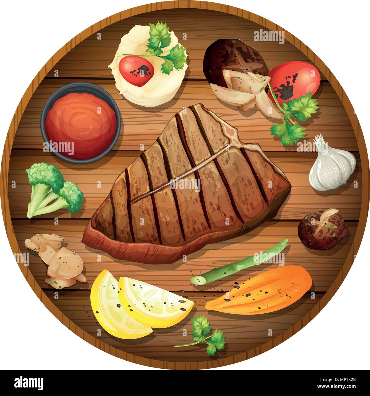 Steak dinner on round platter illustration Stock Vector Image & Art - Alamy