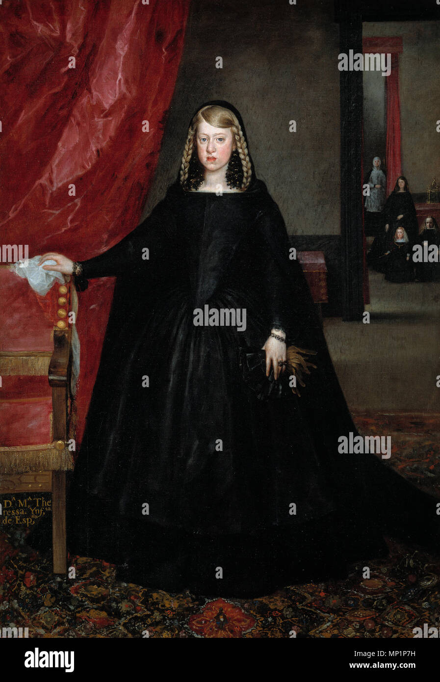 Spanish: La emperatriz Margarita de Austria The Empress Doña Margarita de Austria in Mourning Dress .  English: The sitter is Margaret of Spain, first wife of Leopold I, Holy Roman Emperor, wearing mourning dress for her father, Philip IV of Spain, with children and attendants in mourning dress. . 1666.   855 Margarita Teresa of Spain Mourningdress Stock Photo