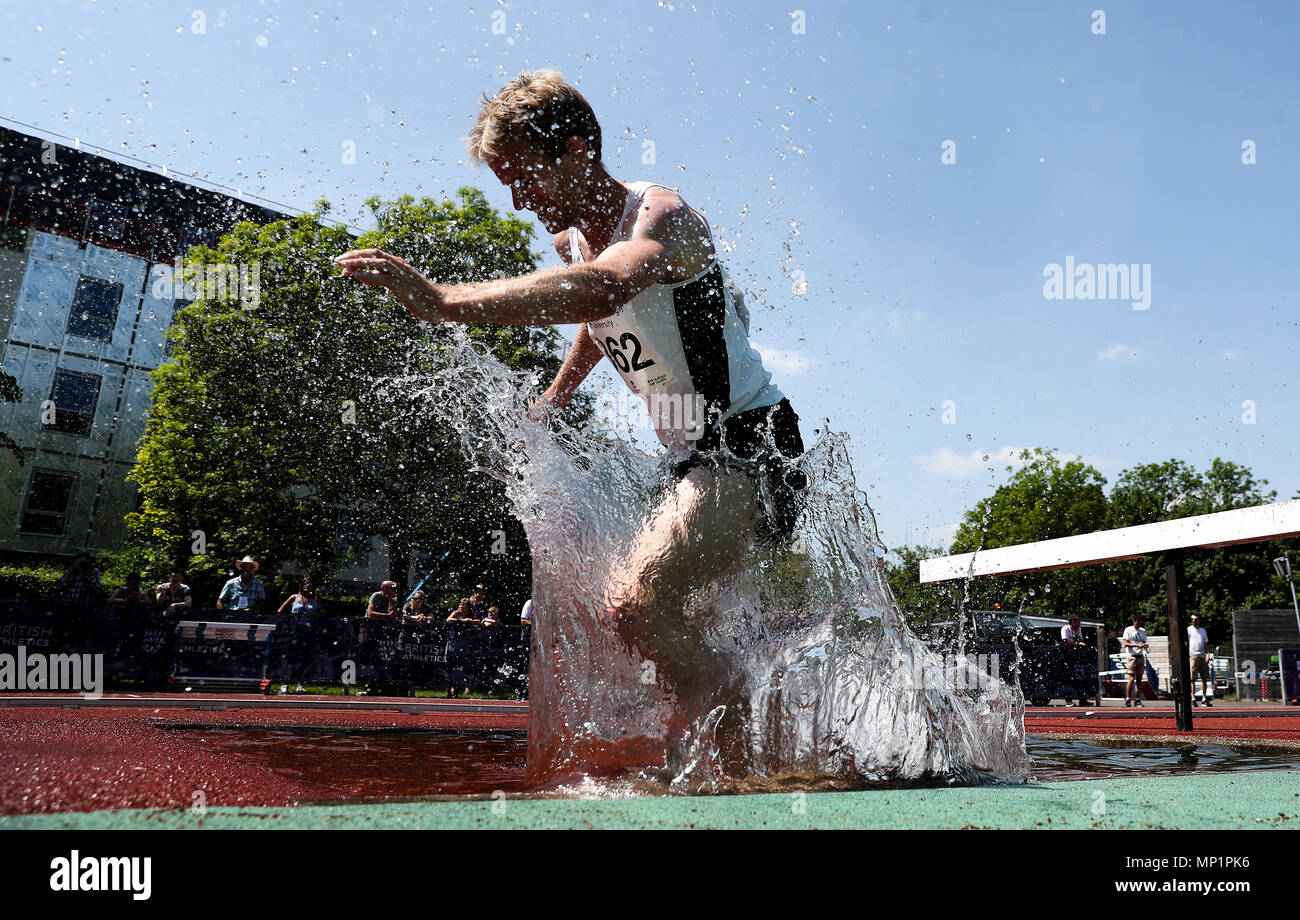 William Mycroft in the 300m steeplechase during the Loughborough International Athletics Meeting at the Paula Radcliffe Stadium, Loughborough. Stock Photo