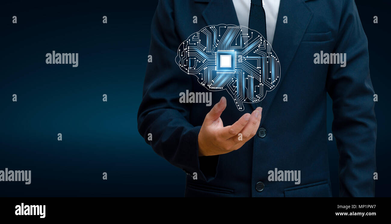 concept of thinking.background with brain CPU Mind series technology symbols  subject of computer science, artificial Stock Photo