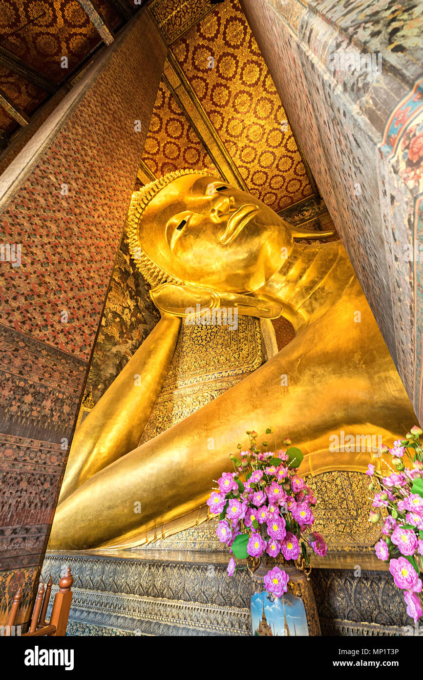 Wat Pho temple, head of the reclining buddha, Bangkok, Thailand Stock Photo