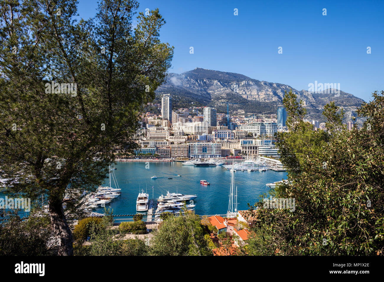 Monaco principality, Monte Carlo skyline and Port Hercule on Mediterranean Sea Stock Photo