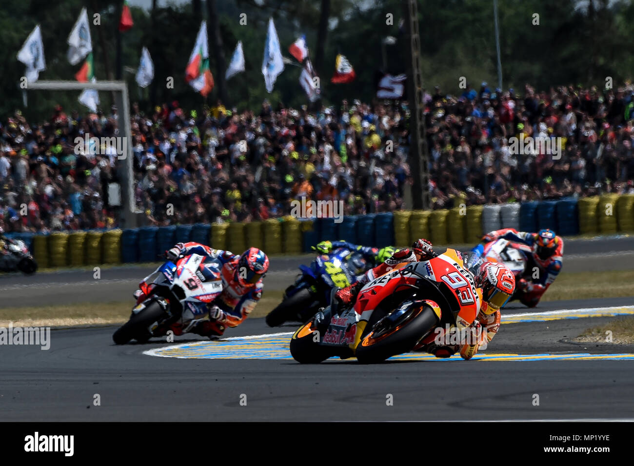 Maine, France. 20th May 2018. Le Mans Bugatti Grand Prix Race Circuit,  Maine, France; HJC Helmets Grand Prix de France, French MotoGP of Le Mans,  Sunday race day; Marc Marquez (Repsol Honda)on