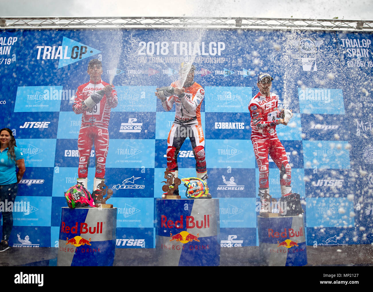 Camprodon, Girona, Spain. 20th May, 2018. FIM Trial World Championships, Spain; (L-R) Jaime Busto of the TrialGP class (2nd place), Toni Bou of the TrialGP class (1st place), and Jeroni Fajardo of the TrialGP class (3rd place) celebrate at the podium Credit: Action Plus Sports/Alamy Live News Stock Photo