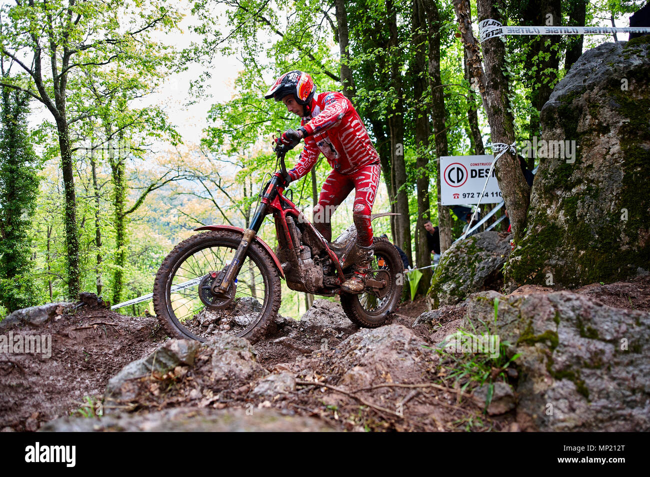 Camprodon, Girona, Spain. 20th May, 2018. FIM Trial World Championships, Spain; Jeroni Fajardo of the TrialGP class in action during the very wet race Credit: Action Plus Sports/Alamy Live News Stock Photo