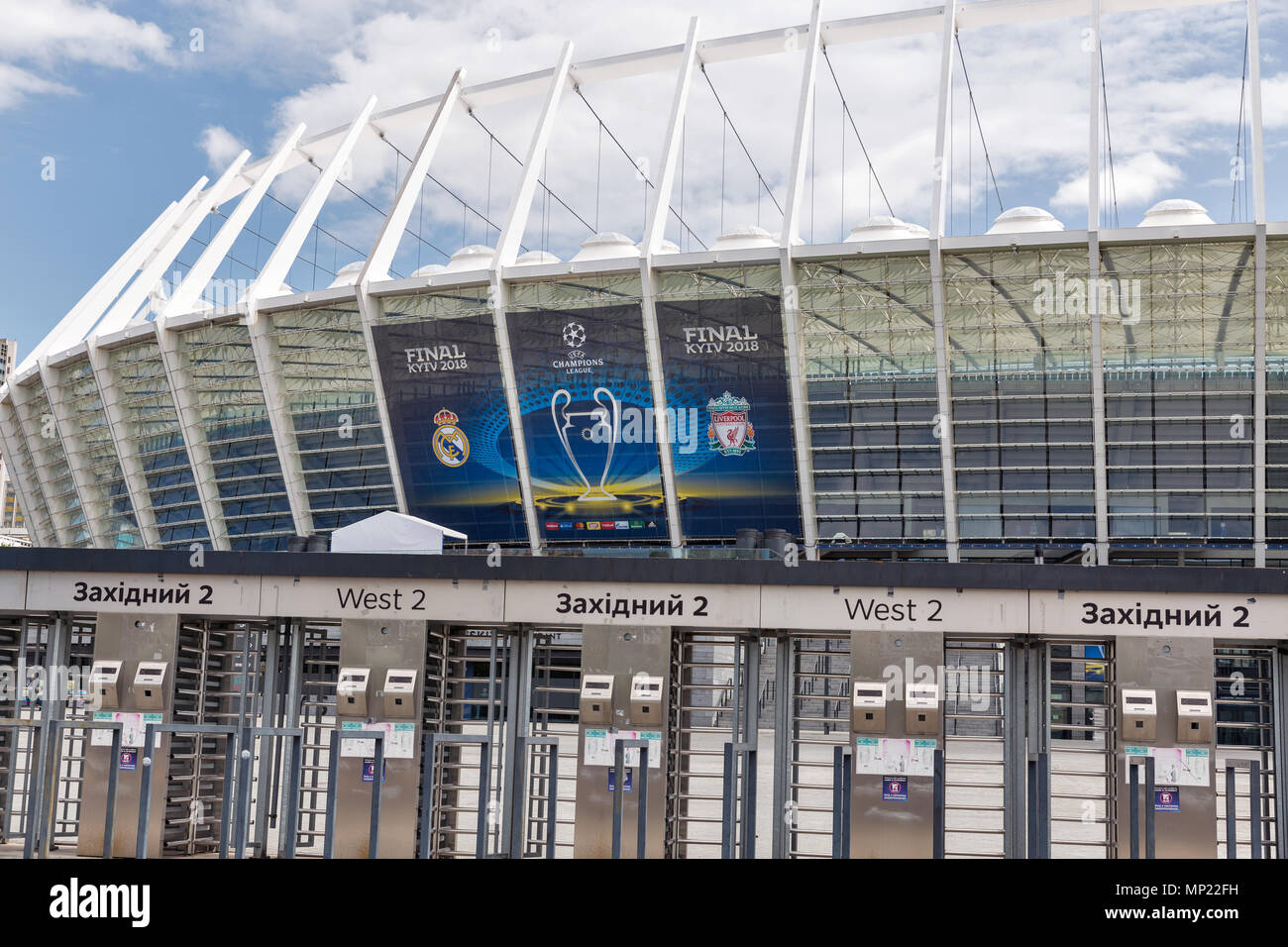 Kiev, Ukraine. 20th May 2018. NSC Olimpiyskiy Stadium with banner of