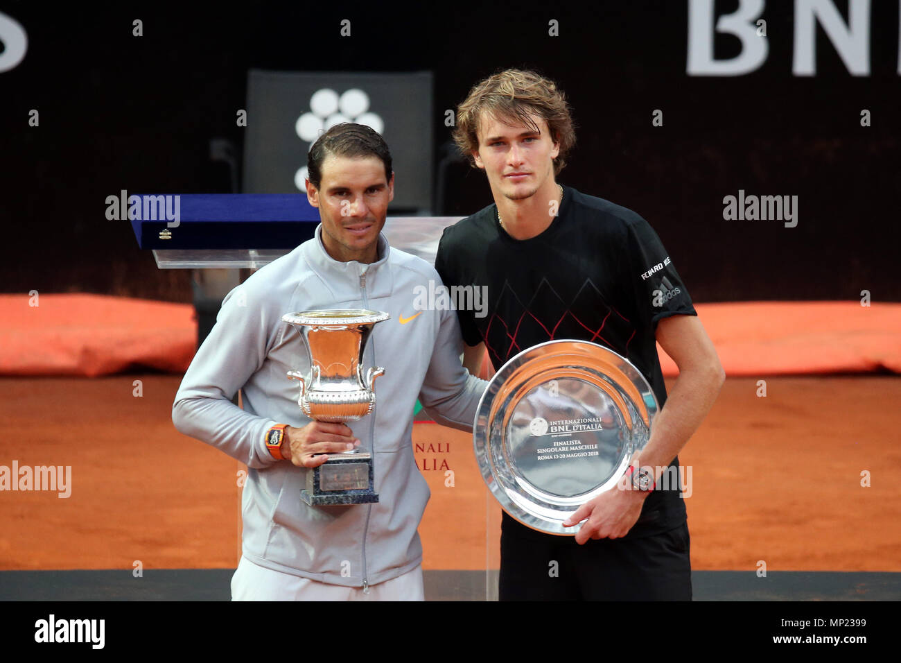 Foro Italico, Rome, Italy. 20th May, 2018. Italian Open Tennis, finals day;  (L-R) Rafael Nadal (ESP) and Alexander Zverev (GER) pose with their  trophies after their final match won by Nadal 6-1,