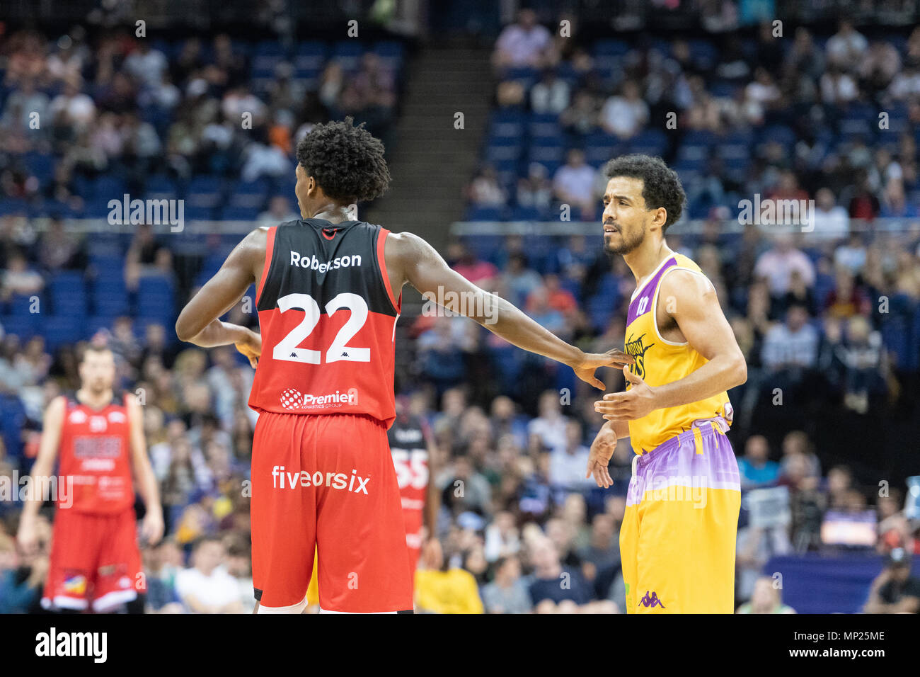 London, UK, 20/05/2018. BBL: Play-Off Finals 2018 at The O2. A very  exciting game basketball ball game where Leicester Riders beat London Lions  81-60. Leicester Riders' Eric Robertson (22) holds back London