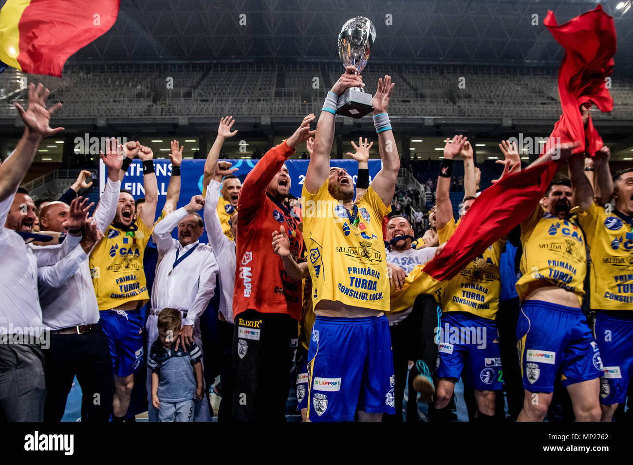 Athens, Greece. 20th May, 2018. AHC Potaissa Turda's players celebrate with the trophy after the EHF Men's Challenge Cup Finals between A.E.K. Athens and AHC Potaissa Turda in Athens, Greece, May 20, 2018. Credit: Panagiotis Moschandreou/Xinhua/Alamy Live News Stock Photo