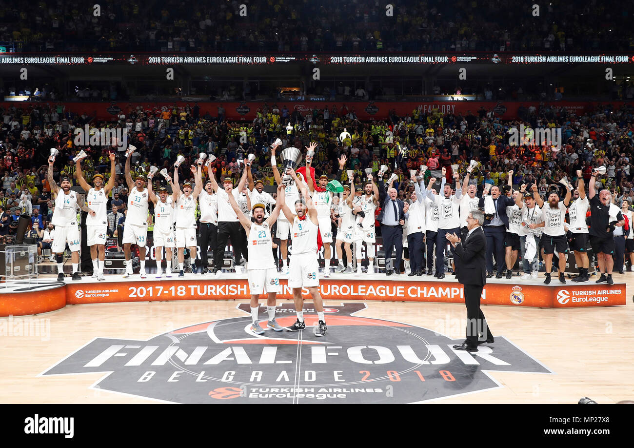 Belgrade. 20th May, 2018. Real Madrid's players celebrate with trophy after  Euroleague Final match of basketball in Belgrade, Serbia on May 20, 2018.  Real Madrid beat Fenerbahce 85-80 and claimed the title.