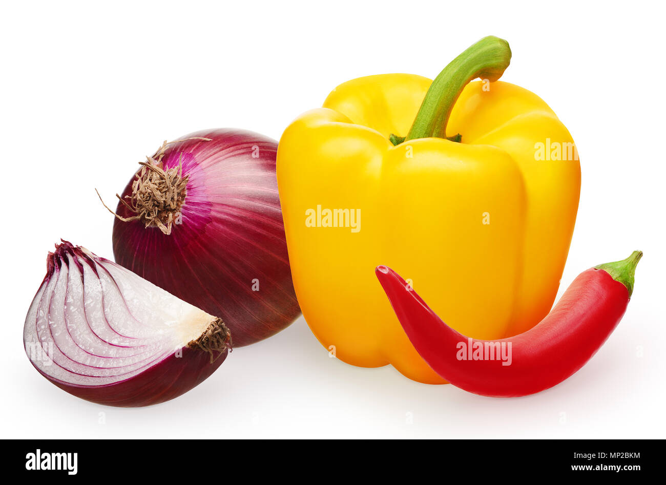 Whole fresh unpeeled red onion with slice, yellow bell pepper and red ...