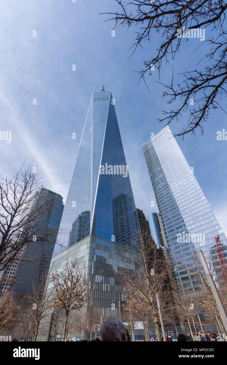 New York, US - March 30, 2018: Modern buildings at the world trade center as seen on a sunny day from downtown New York Stock Photo