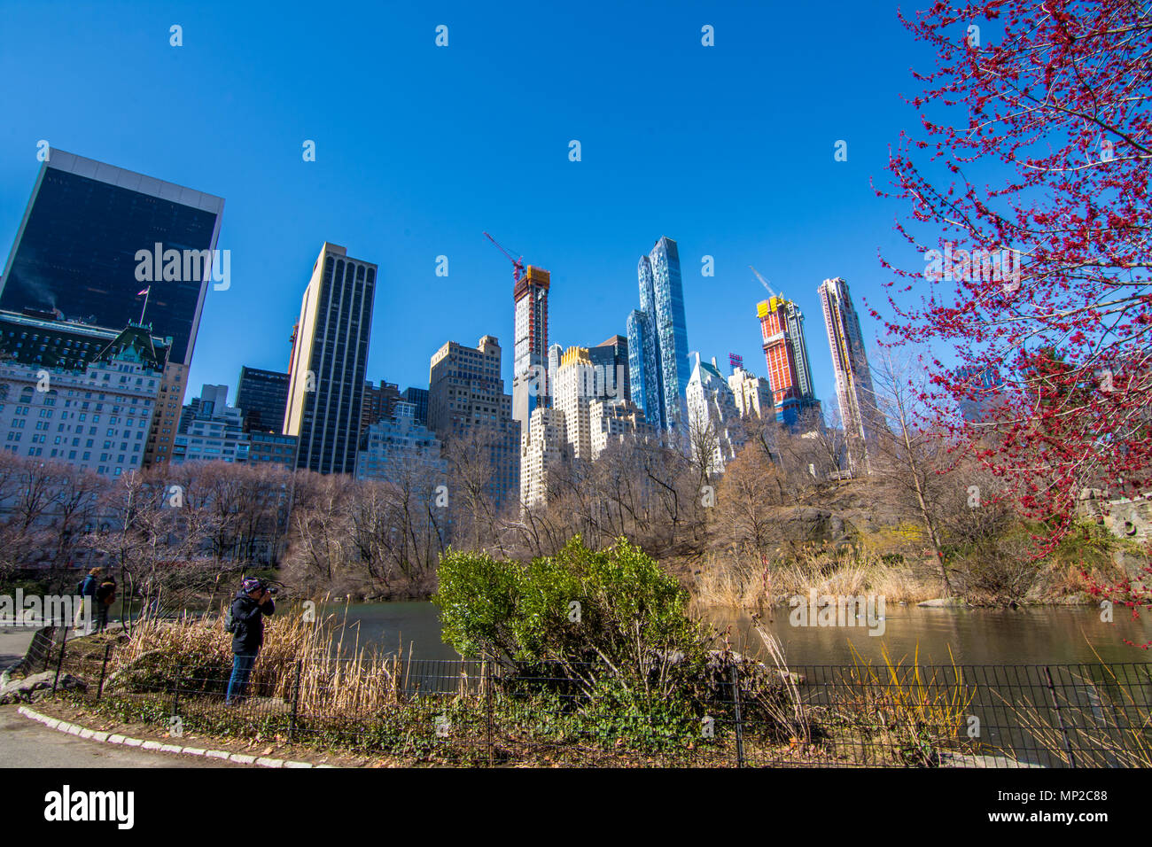 New York, US - March 31, 2018: View of the central park in early spring with skyscrapers on the background on a sunny day Stock Photo
