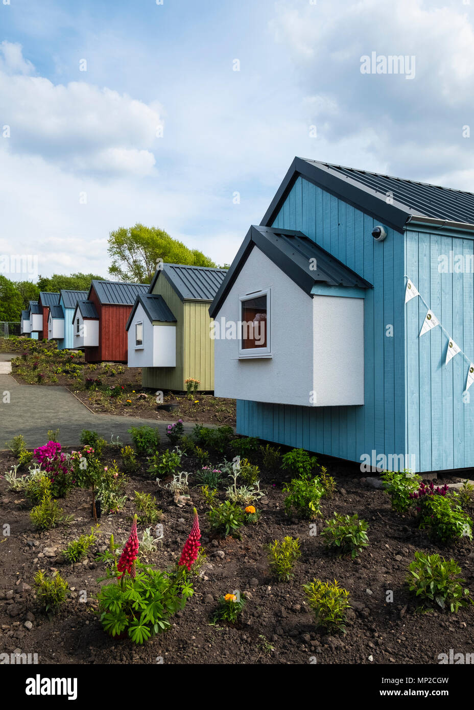 View of new wooden houses at the Social Bite Village in Granton built by Social Bite organisation for homeless people, Edinburgh, Scotland, United Kin Stock Photo