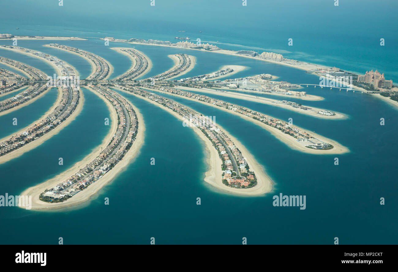 Aerial view of Palm Jumeirah man made island on a sunny day. Dubai, UAE. Stock Photo