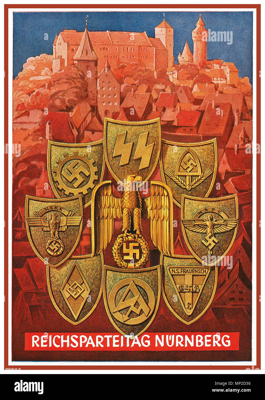 1930's Vintage Poster Nazi 'Reichsparteitage' propaganda events, with Adolf Hitler's rise to power in 1933. These events were held at the Nazi party rally grounds in Nuremberg from 1933 to 1938 and are usually referred to in English as the 'Nuremberg Rallies'. Stock Photo