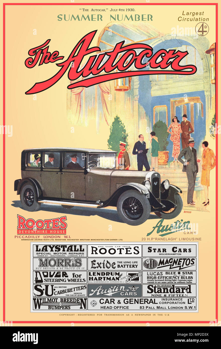 Vintage 1930 'The Autocar' magazine summer number featuring an Austin 20hp Ranelagh Limousine car with main sponsorship by Rootes Picadilly London Stock Photo