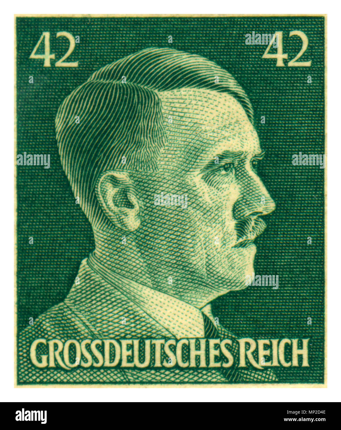 1944 Vintage close detail on Adolf Hitler 42 Pfennig stamp head GROSSDEUTSCHES REICH Stock Photo