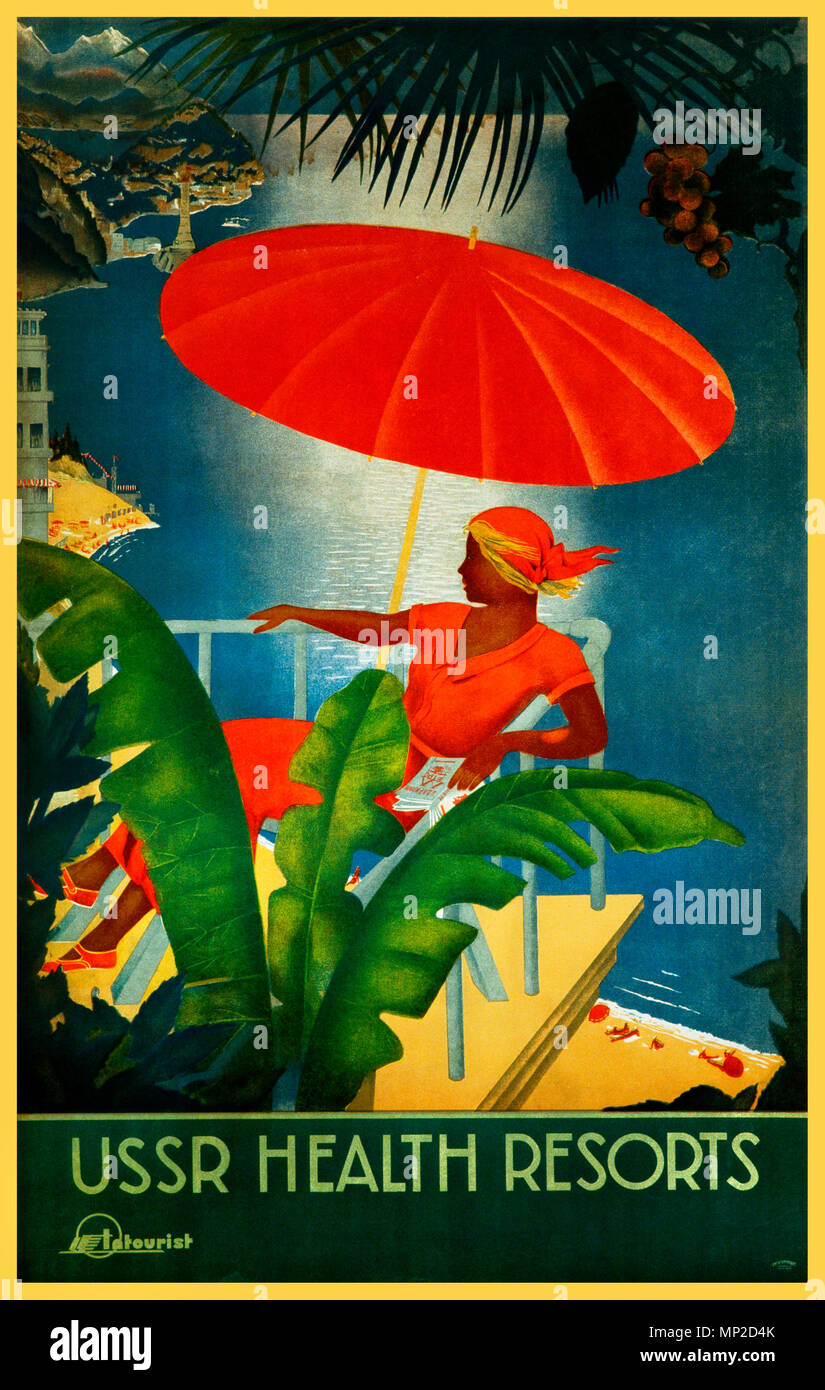 Vintage USSR HEALTH RESORTS Intourist 1930’s Russia Travel Poster Healthy Holidays in Stalin's USSR: vintage Old Historic Soviet travel healthy holidays Poster Stock Photo
