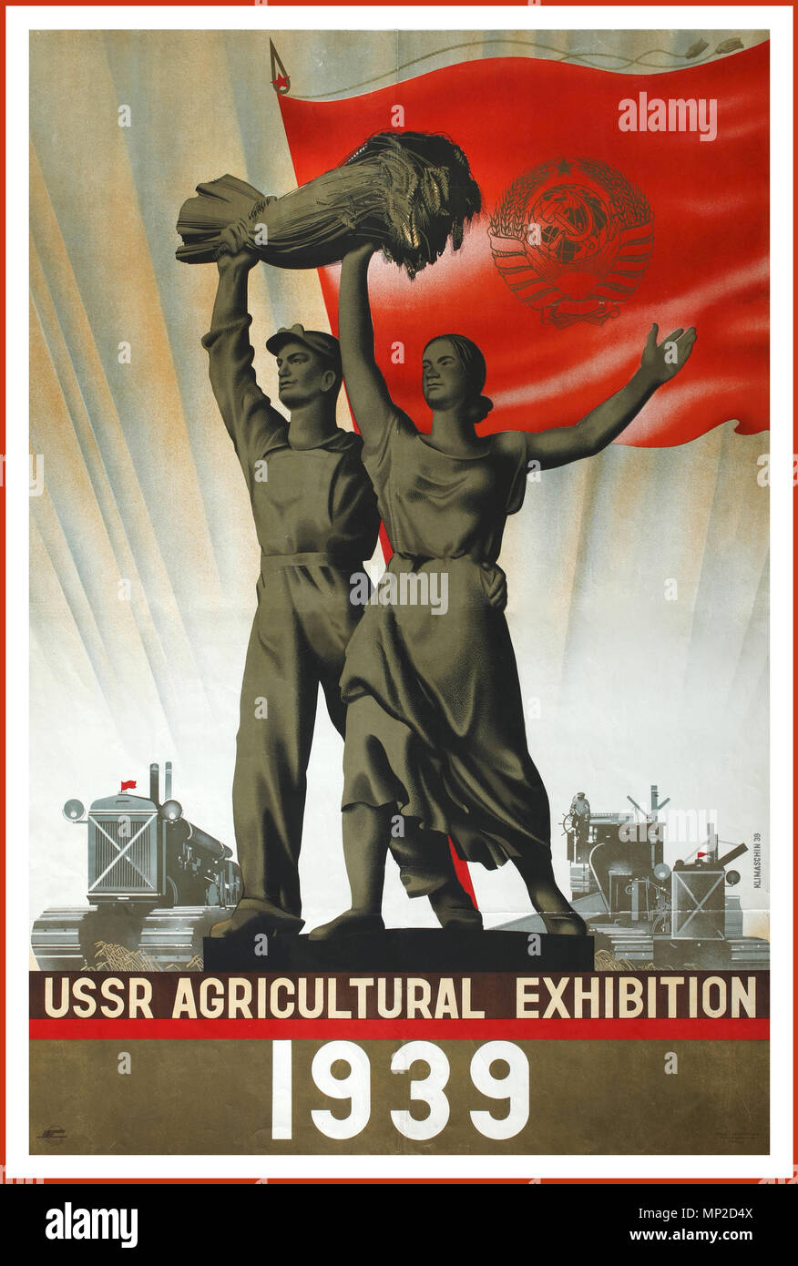 1939 Vintage USSR Propaganda Intourist graphic industry Travel Poster promoting 1939 Union Agricultural Exhibition. Russian male and female holding aloft a bale of farmed wheat... Lithograph by artist Viktor Semyonovich Klimashin Stock Photo
