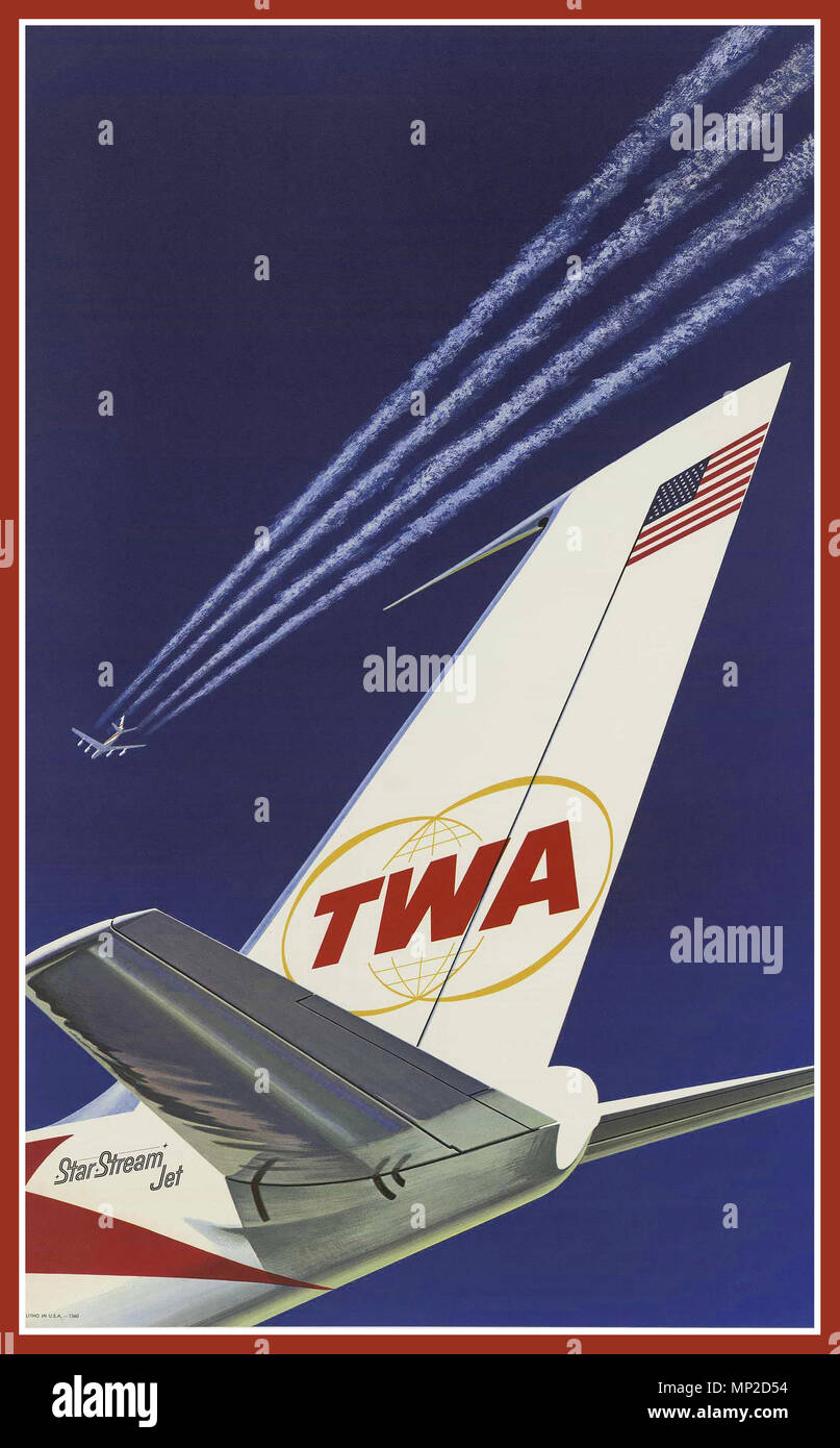 Vintage TWA Star Stream Jet USA Travel Poster c1964 lithograph in USA Original vintage poster for Trans World Airlines promoting travel on their new Boeing 727 StarStream aircraft, probably a 727-100 introduced in 1964, used primarily for cross-country US and cross-Atlantic international route Stock Photo