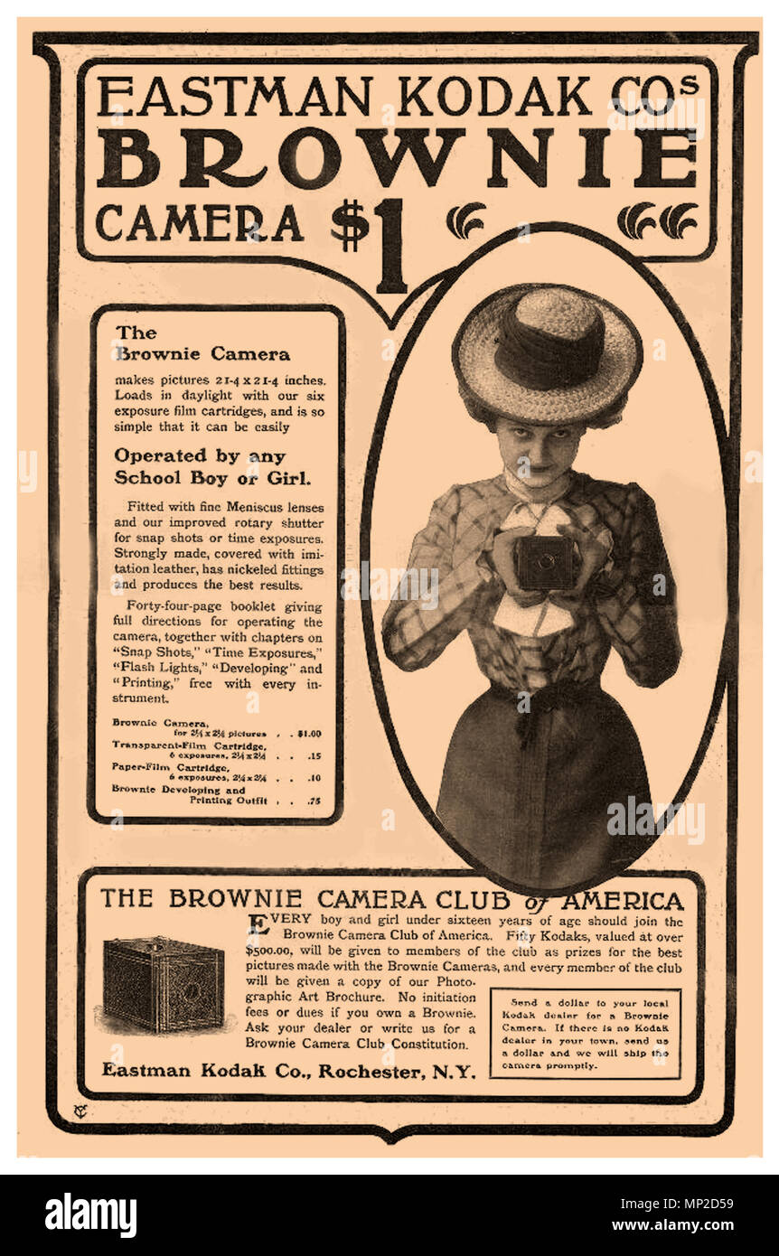 1900's Vintage Press Ad for Eastman Kodak Company 'The Kodak Brownie camera'. It featured a simple “meniscus” lens that took 2¼-inch square pictures on 117 roll film. It sold for only $1. It was easy to operate too. To take a picture you held the camera at chest height, aimed at your subject, and turned a switch. The film was affordable for consumers and profitable for Kodak. For 15 cents, a $1 Brownie camera owner could buy a six-exposure film cartridge that could be loaded in daylight and processed by Eastman Kodak Company In 1900 Eastman Kodak Company sold over 250000 Brownie cameras Stock Photo