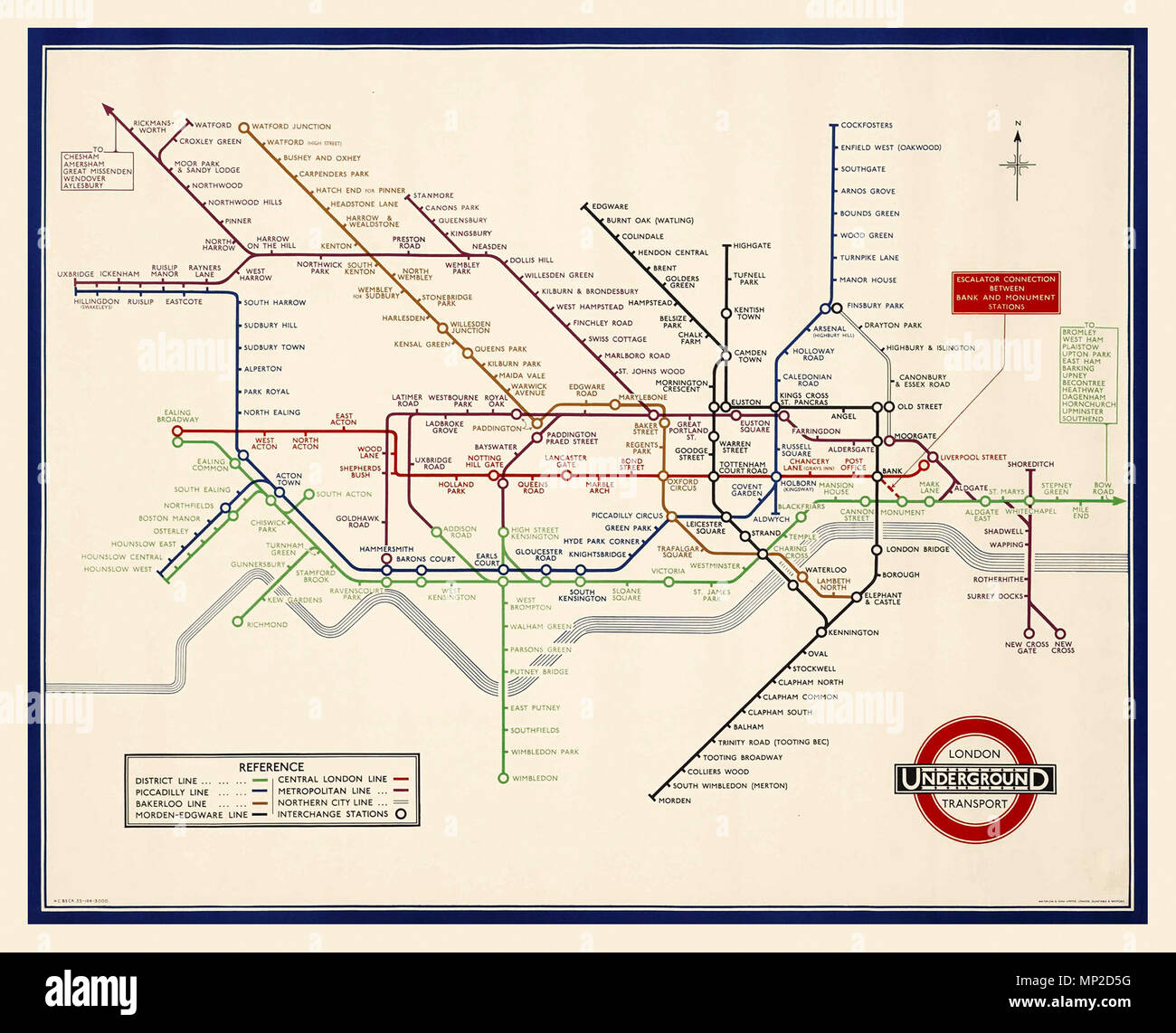 VINTAGE 1930’s LONDON UNDERGROUND TUBE MAP by H C BECK lithograph in colour 1935, printed by Waterlow & Sons Limited, London, Harry Beck's London Underground Tube map has become a design classic. Original 1933 Tube map recognised across the world, the Tube map was originally the brainchild of Underground electrical draughtsman, Harry Beck, who produced this imaginative and beautifully simple design. Stock Photo