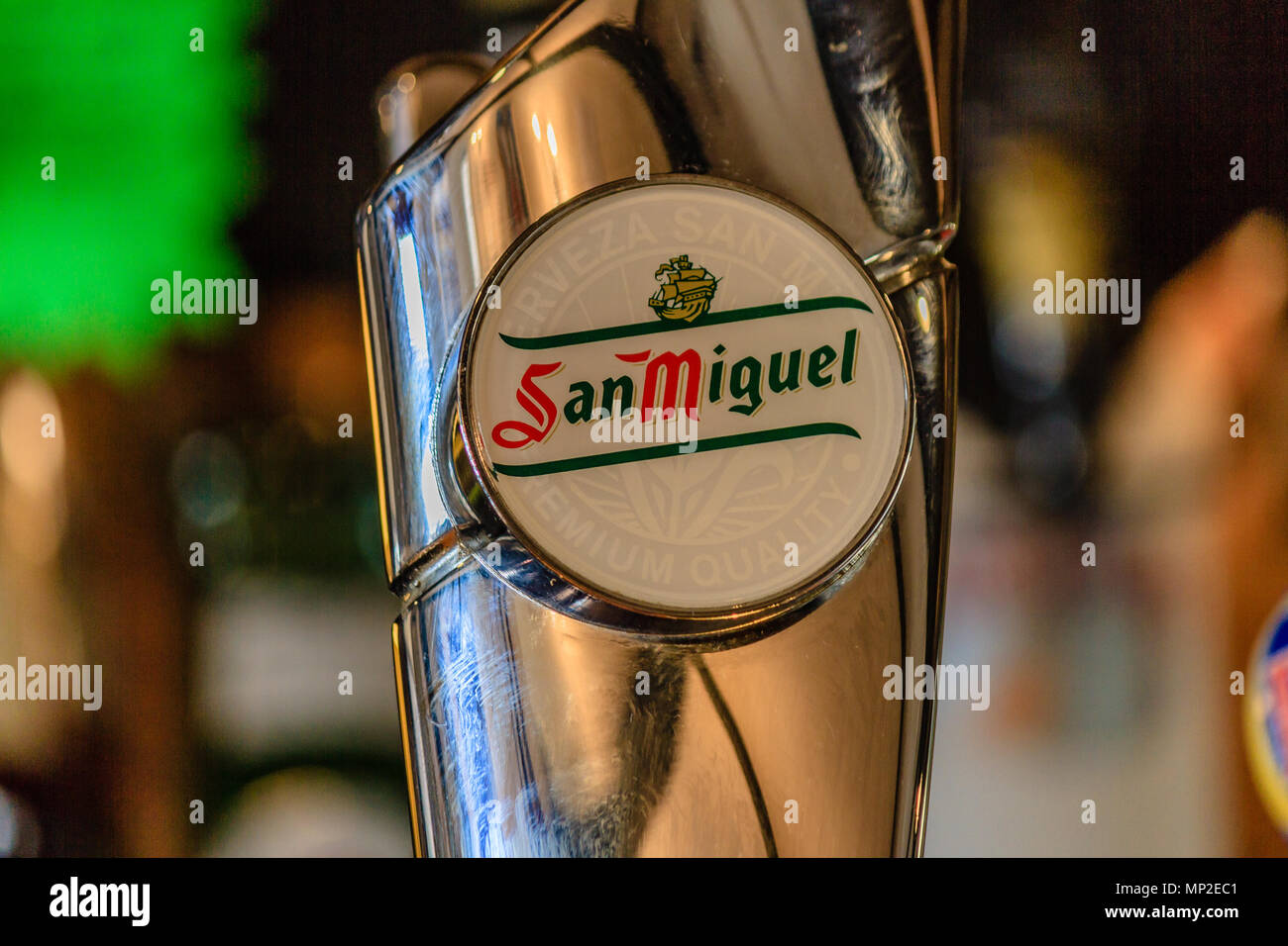 San Miguel lager beer sign on keg beer tap. Feb 2018. Stock Photo