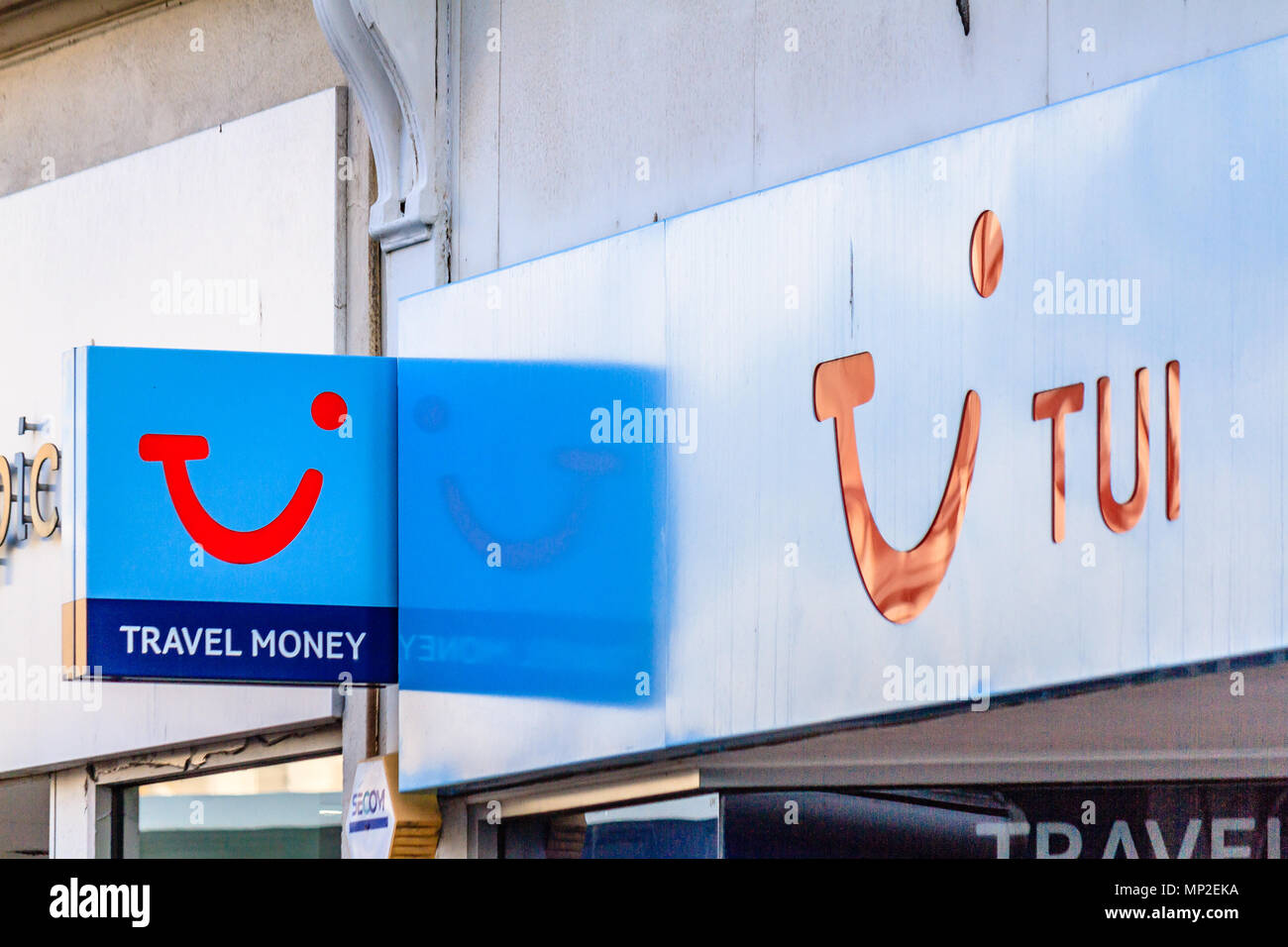 TUI Travel Money shop sign, Teignmouth, Devon. Feb 2018. Stock Photo