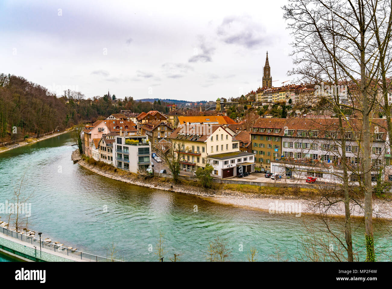 View of the old town of Bern with Berner Munster cathedral and the river Aare in Switzerland Stock Photo