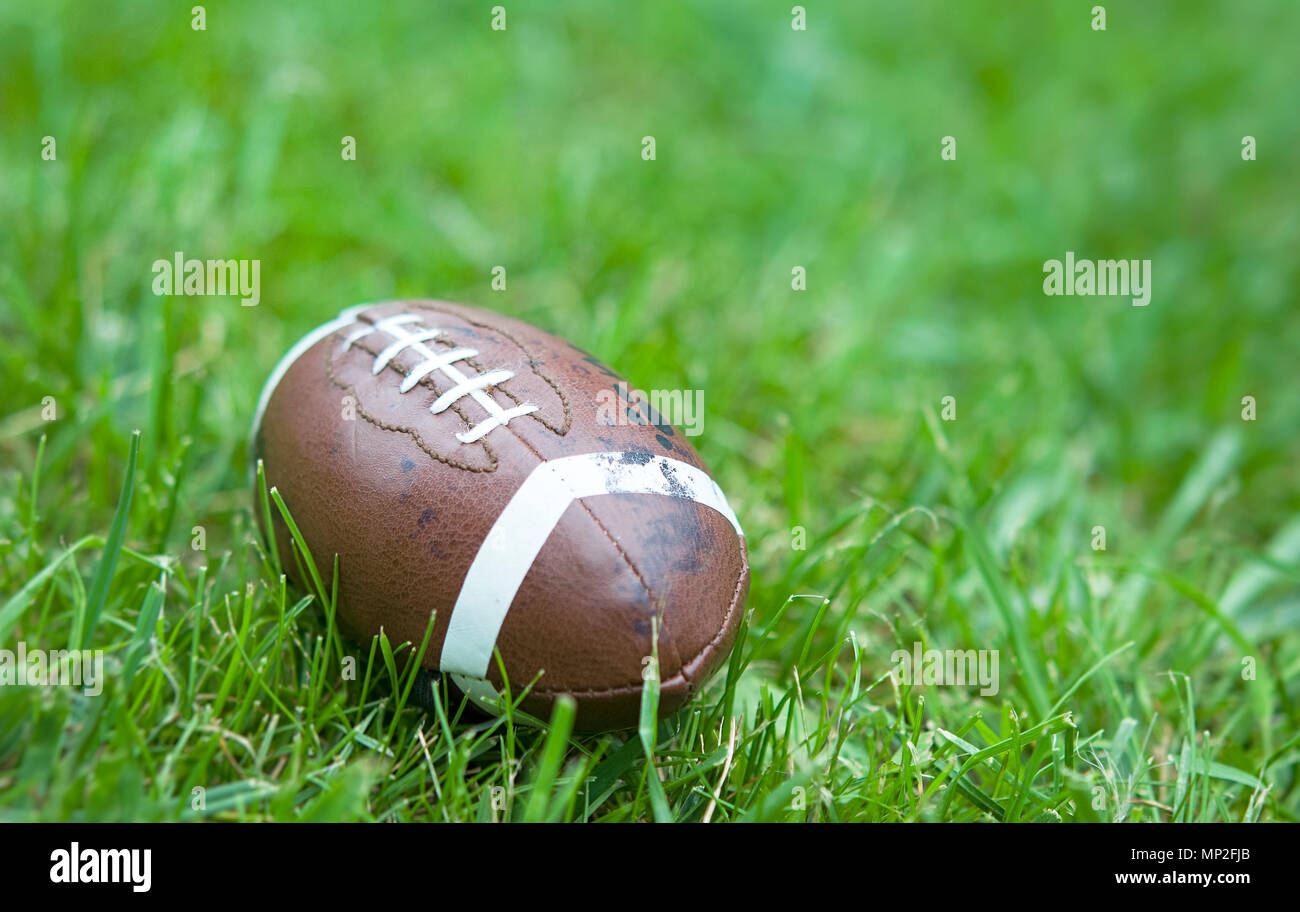 american football isolated laying in the summer grass Stock Photo