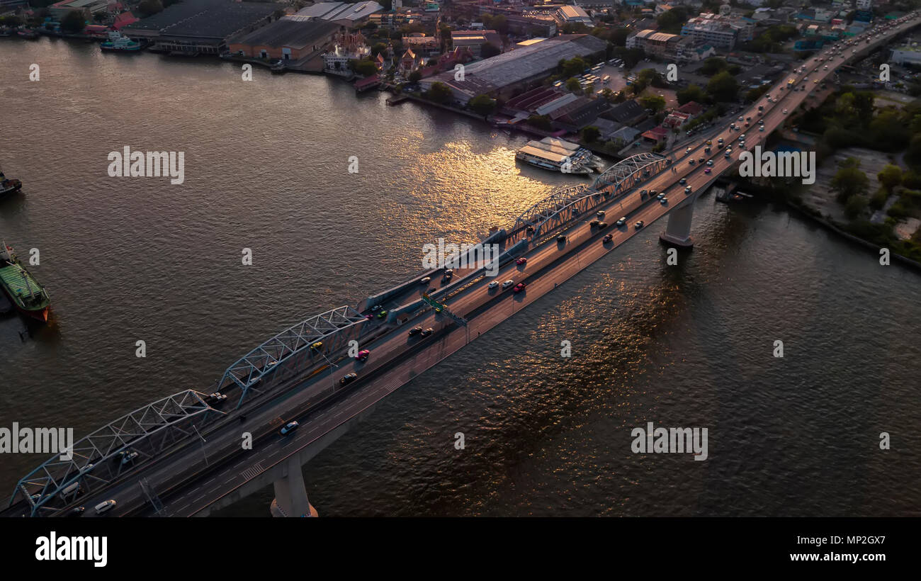 A drone image taken over a bridge in Bangkok, Thailand Stock Photo