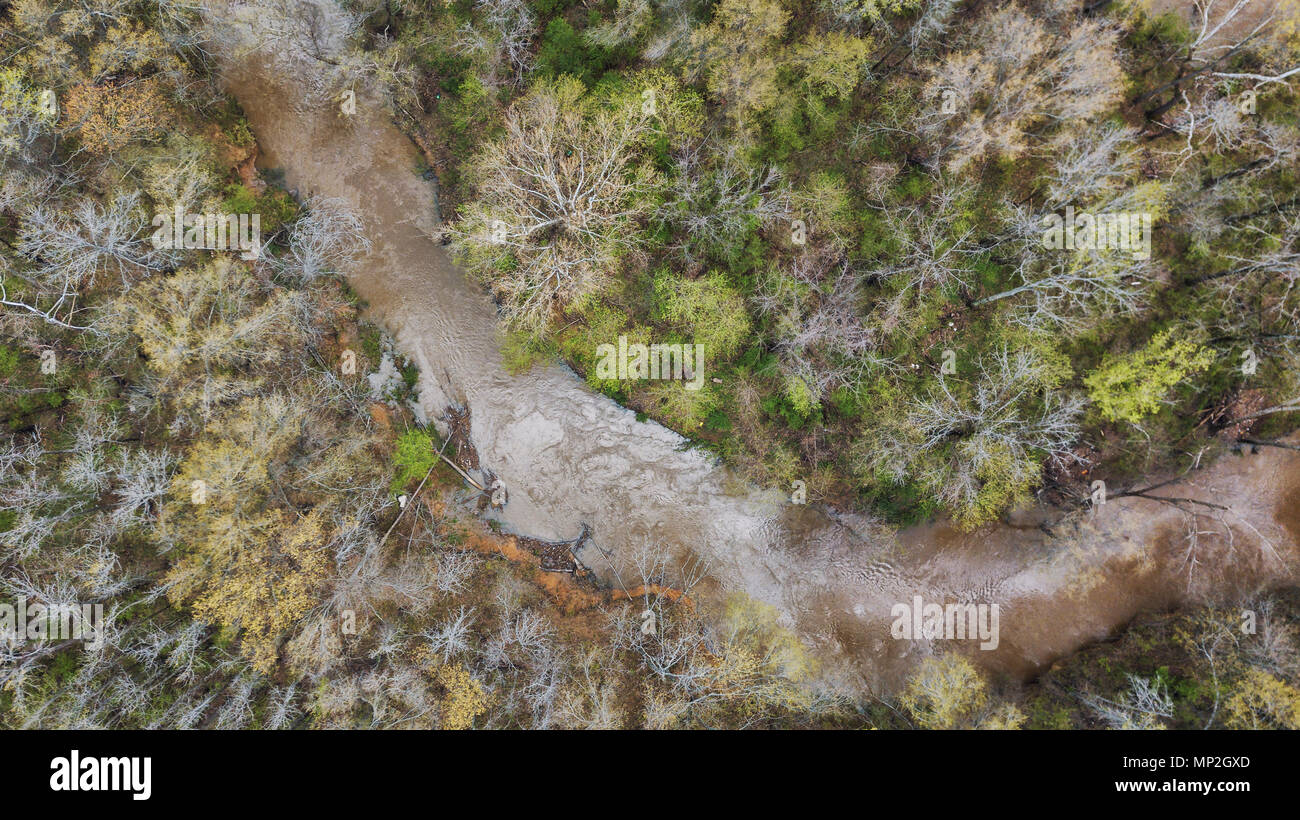 a drone image taken over a creek in Greenwood, Arkansas, USA Stock Photo