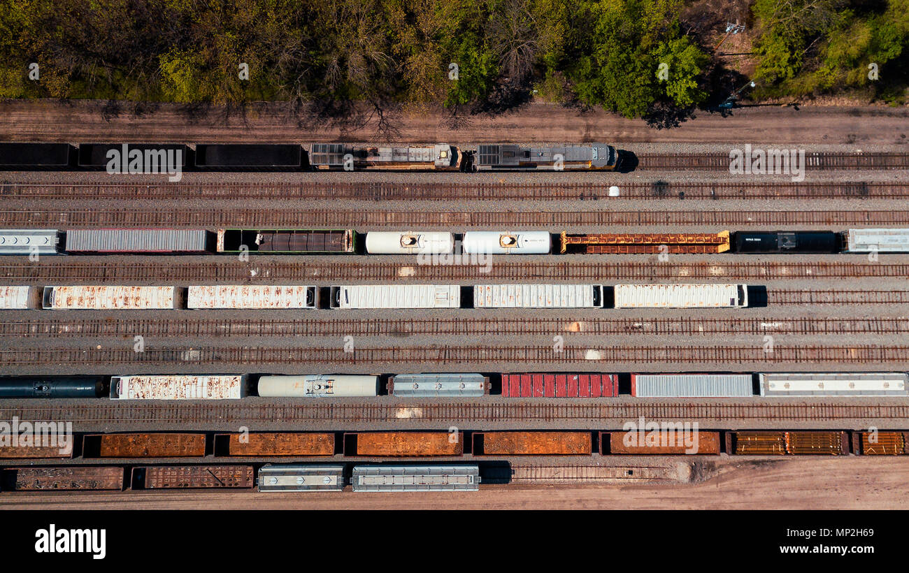 A drone image of a rail yard taken in Arkansas, USA Stock Photo
