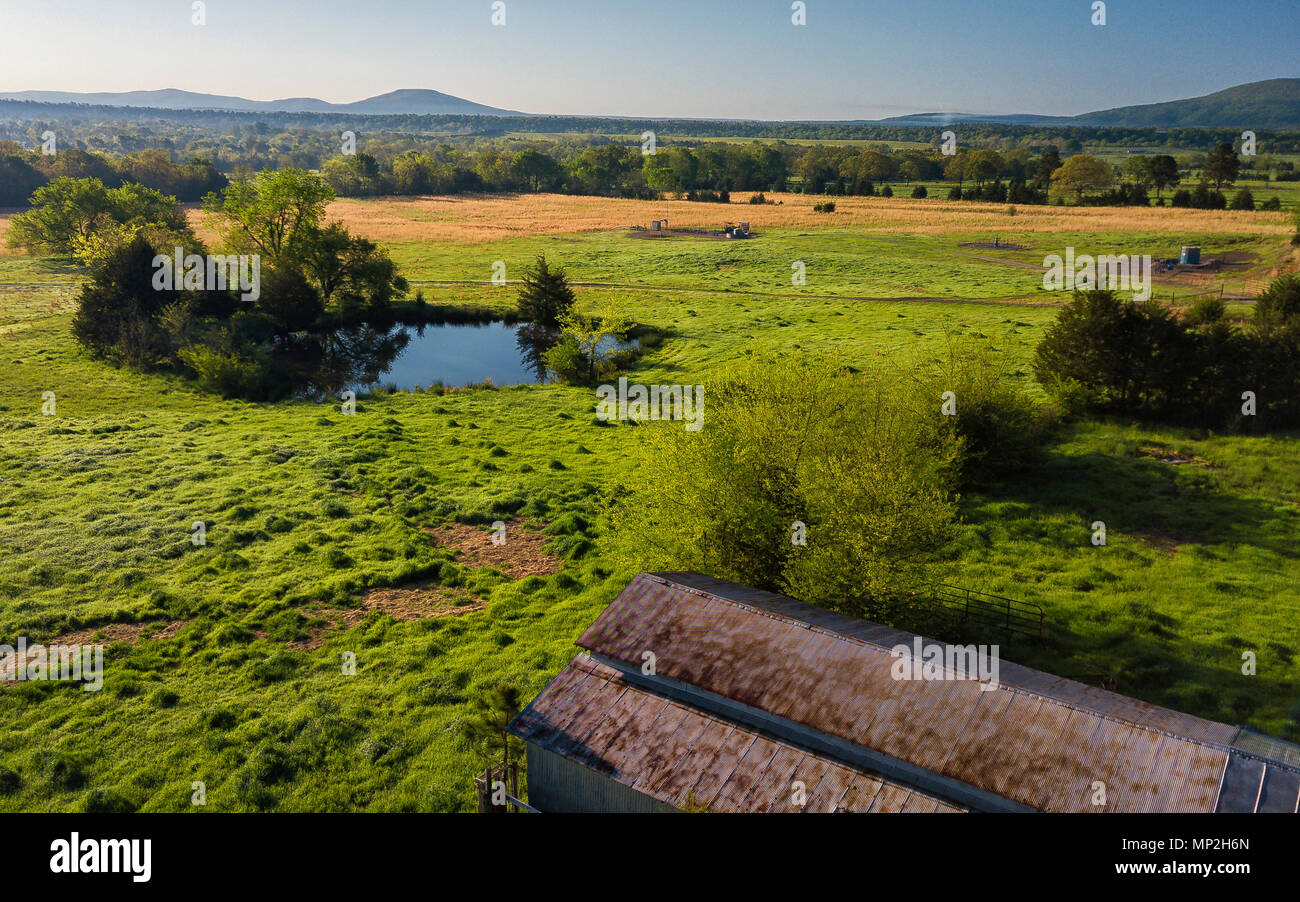 A drone image of a farm taken in Scott County, Arkansas, USA Stock Photo