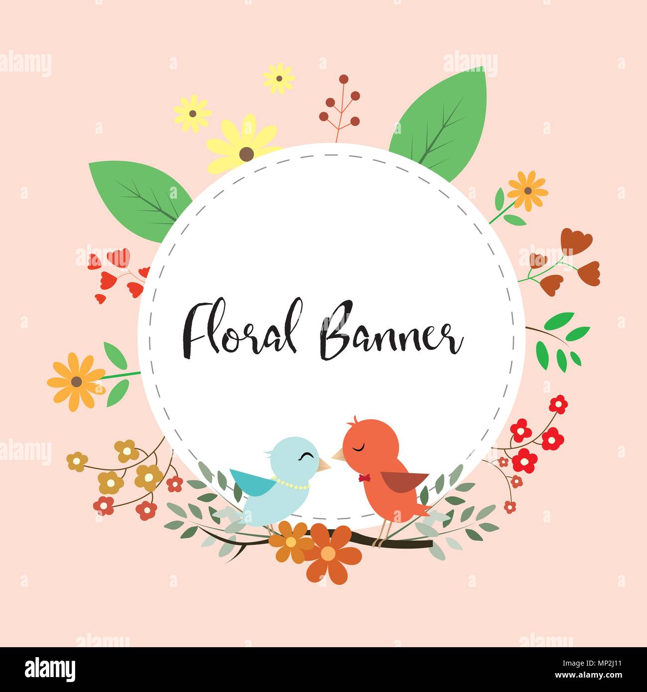 Design Of Floral Banner With Love Birds Couple And Leafs Flower