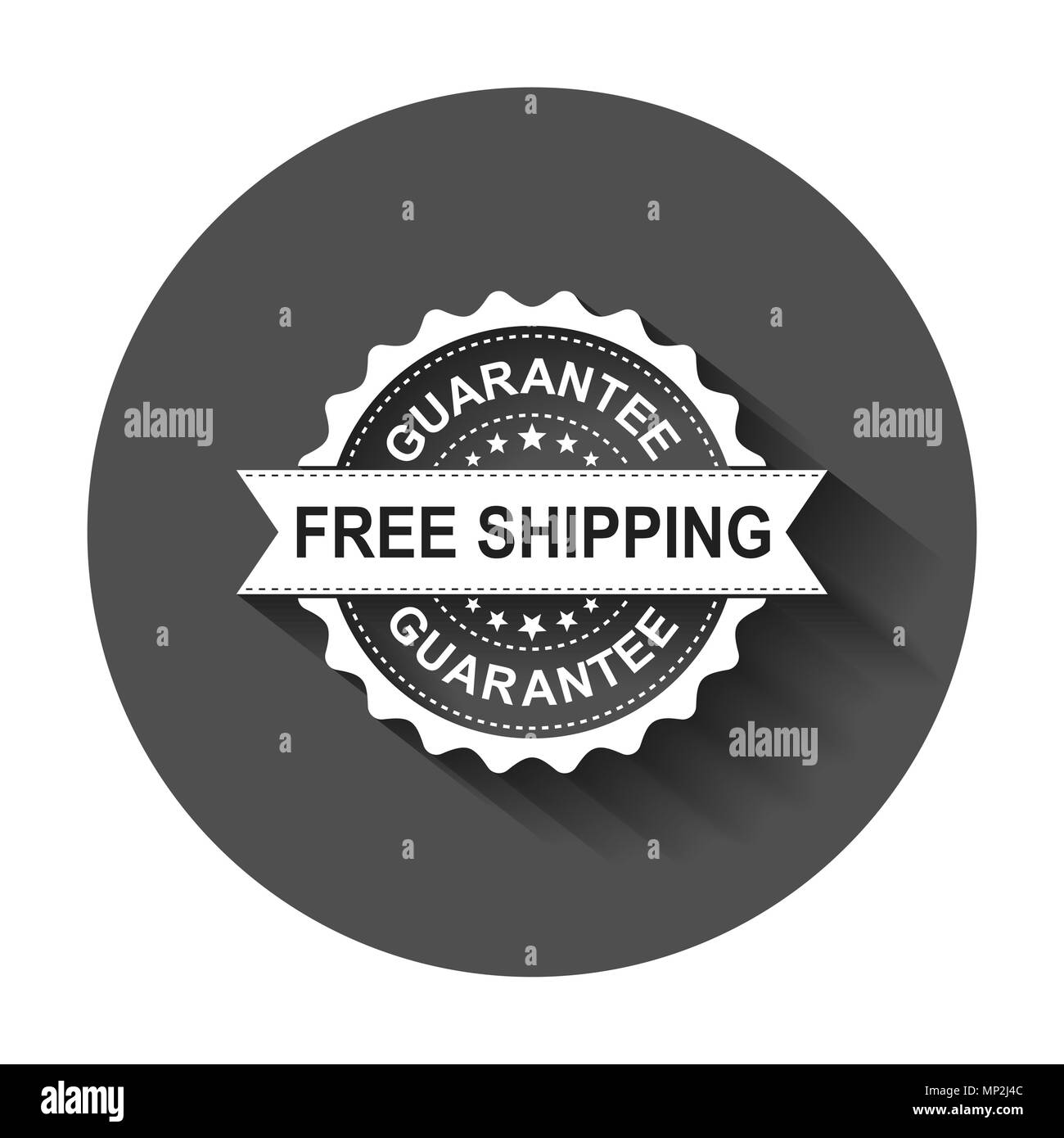 Free shipping grunge rubber stamp. Vector illustration with long shadow. Business concept guarantee free delivery stamp pictogram. Stock Vector
