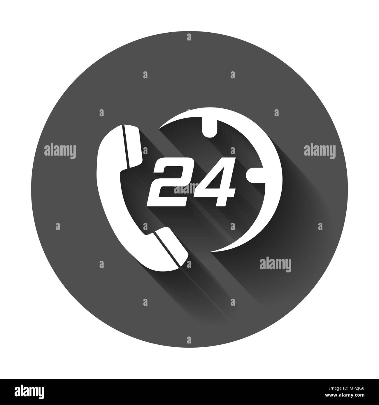 Technical support 24/7 vector icon in flat style. Phone clock help illustration with long shadow. Computer service support concept. Stock Vector