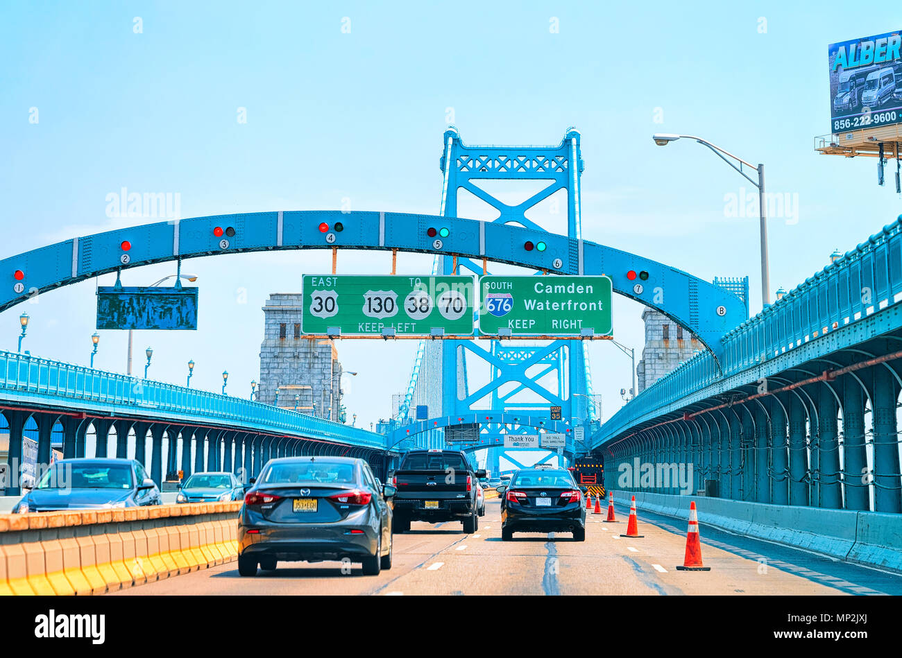 Philadelphia, USA May 5, 2015 Cars in Benjamin Franklin Bridge in New Jersey, America Stock