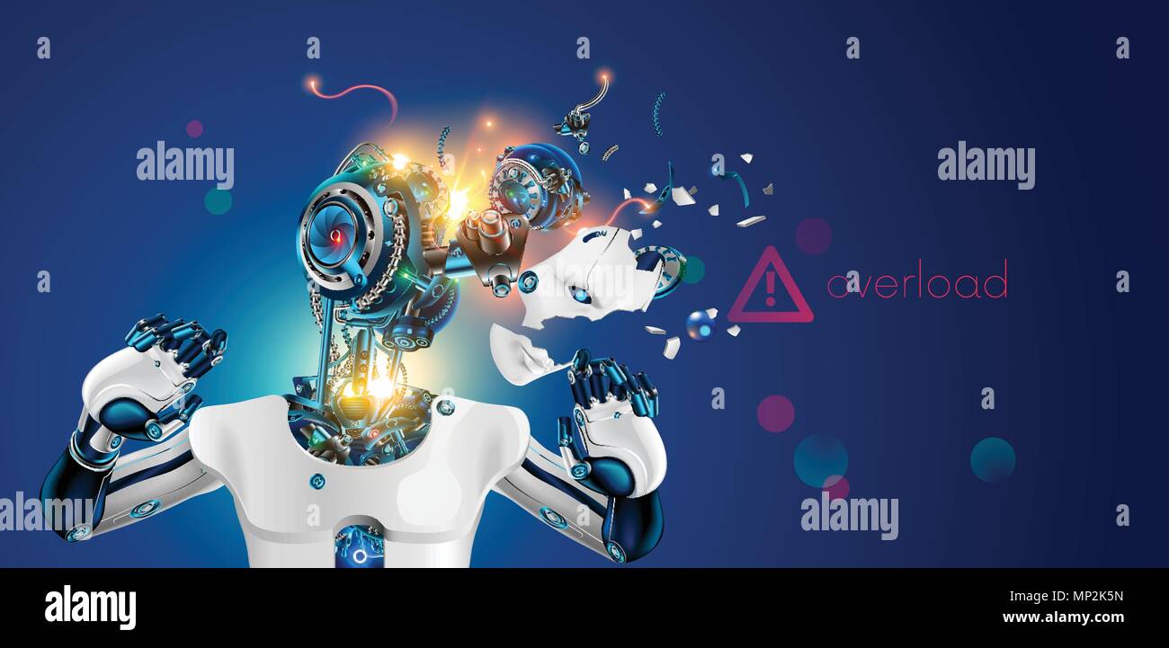 Robot or cyborg with artificial intelligence failures overloaded and broken down. AI not coped with the task. Artificial brain glitch and exploded. De Stock Vector