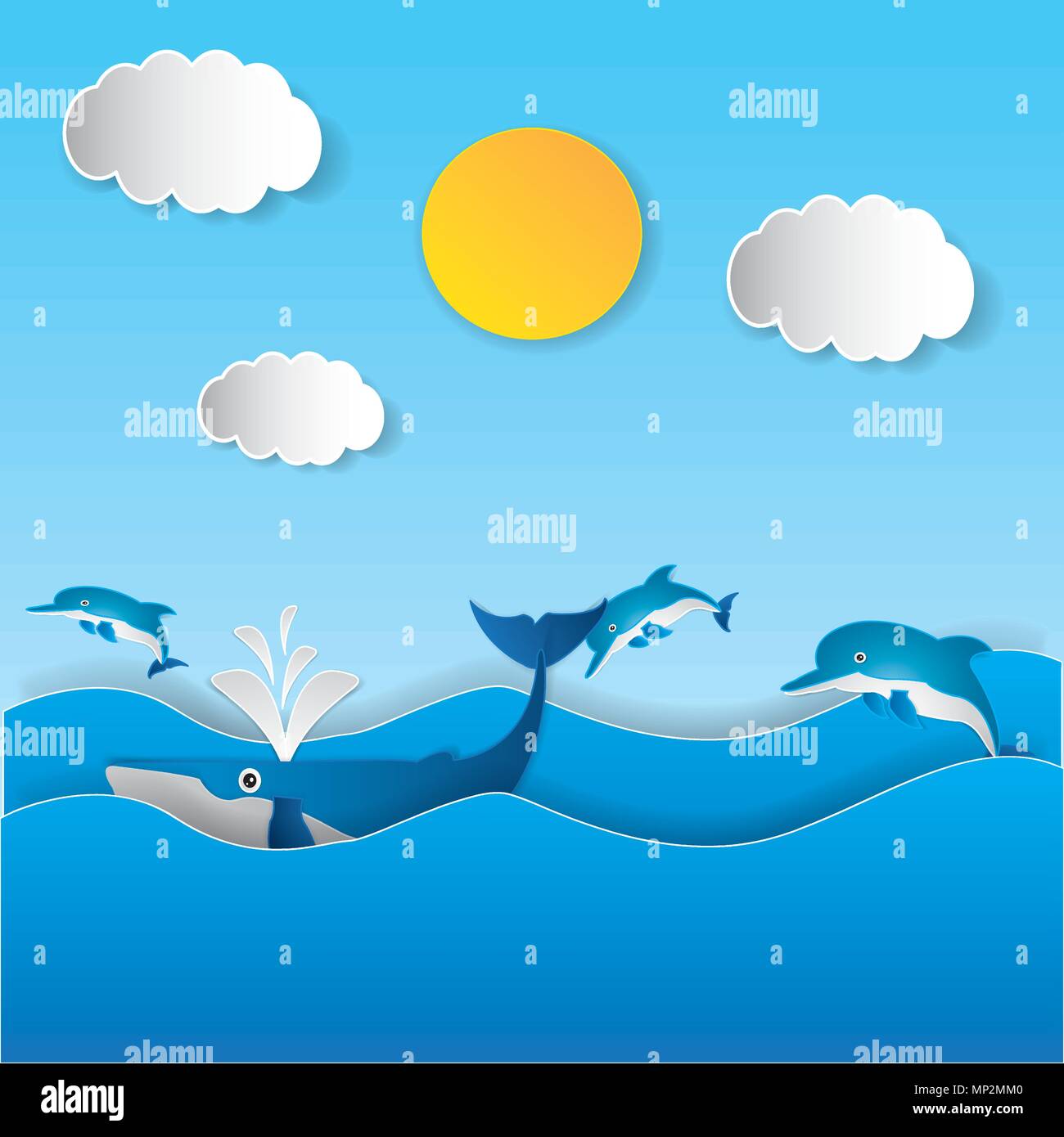 Summer background with fish jumping out from water. Stock Vector